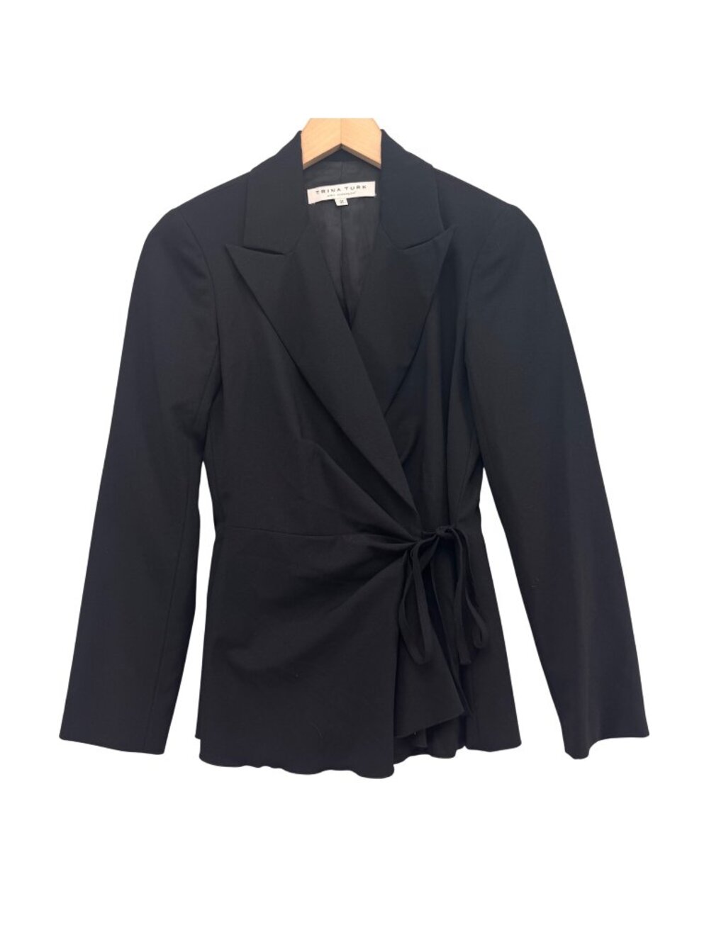 Trina Turk Wrap Blazer Womens Black Side Tie Cinched Waist Crossover Jacket Sz 2